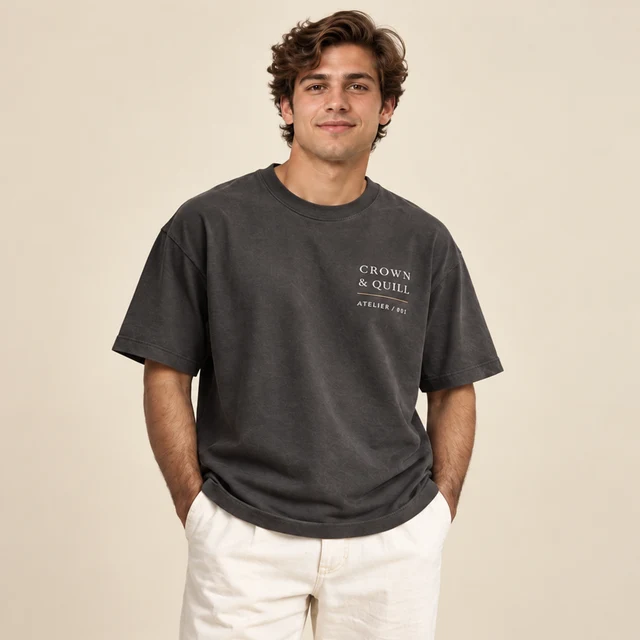 Male model 4 wearing the Atelier Charcoal Wordmark T-Shirt