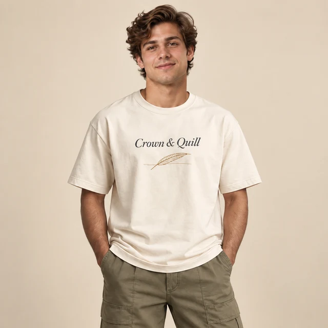 Male model 4 wearing the Edition Ivory Script T-Shirt