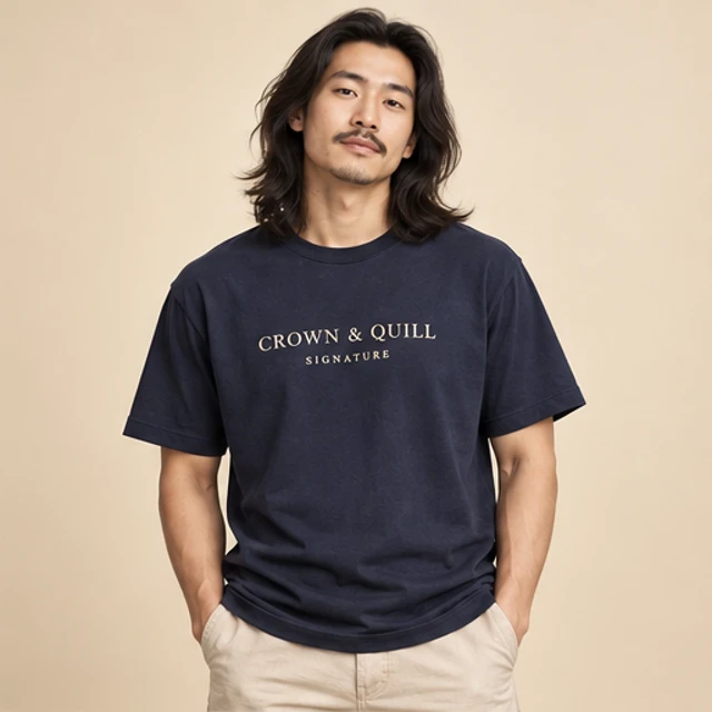 Male model 6 wearing the Signature Navy Wordmark T-Shirt